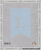 A taped needlepoint canvas with the design: Banner 18 mesh count Forked L White on Light Blue.