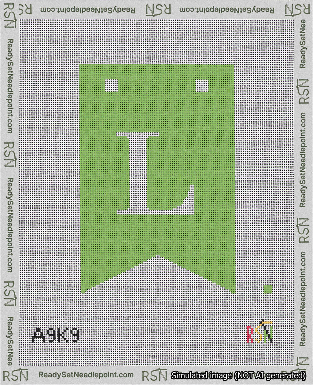 A taped needlepoint canvas with the design: Banner 18 mesh count Forked L White on Light Green.