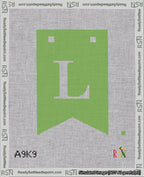 A taped needlepoint canvas with the design: Banner 18 mesh count Forked L White on Light Green.