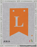 A taped needlepoint canvas with the design: Banner 18 mesh count Forked L White on Orange.