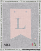 A taped needlepoint canvas with the design: Banner 18 mesh count Forked L White on Pink.