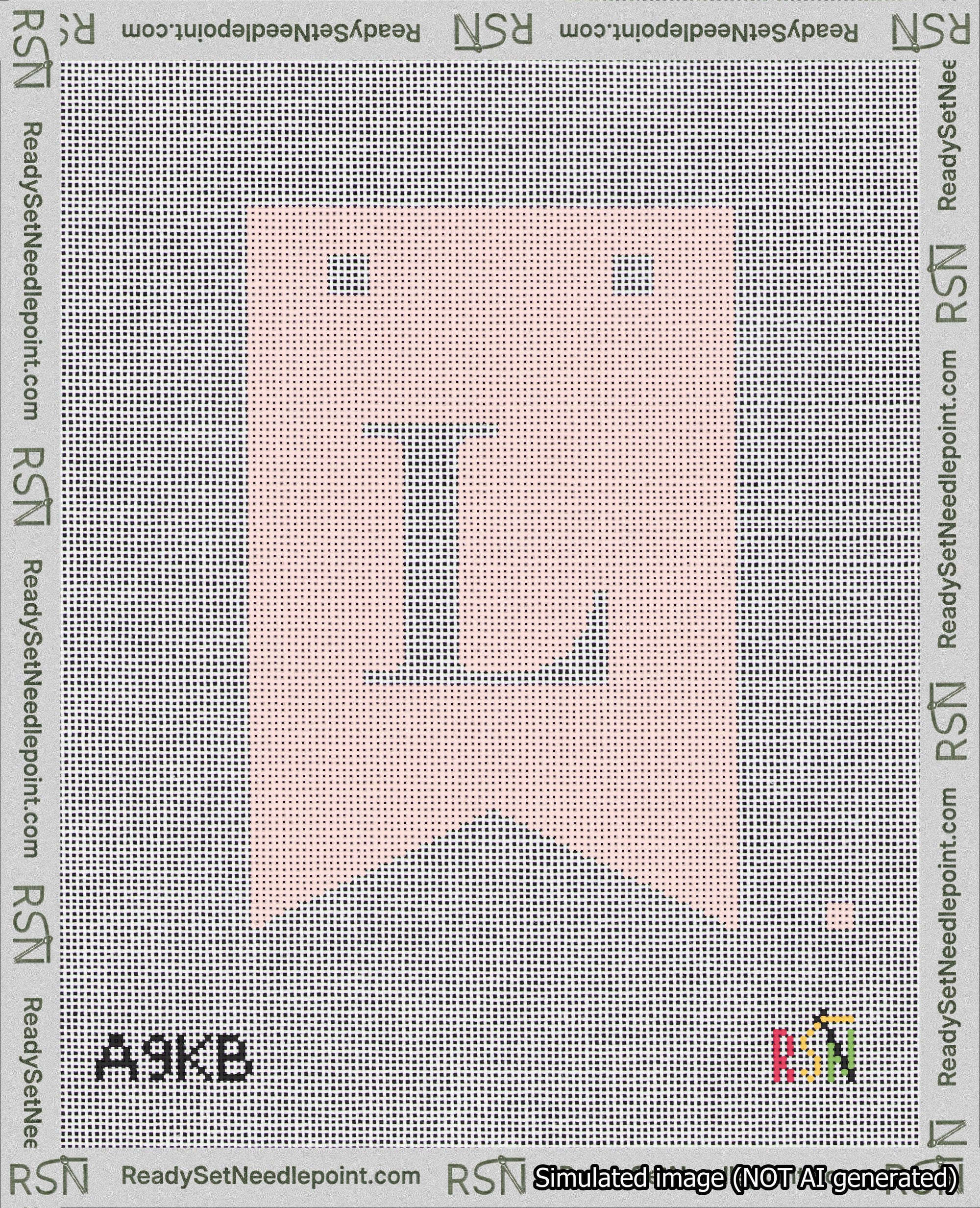 A taped needlepoint canvas with the design: Banner 18 mesh count Forked L White on Pink.