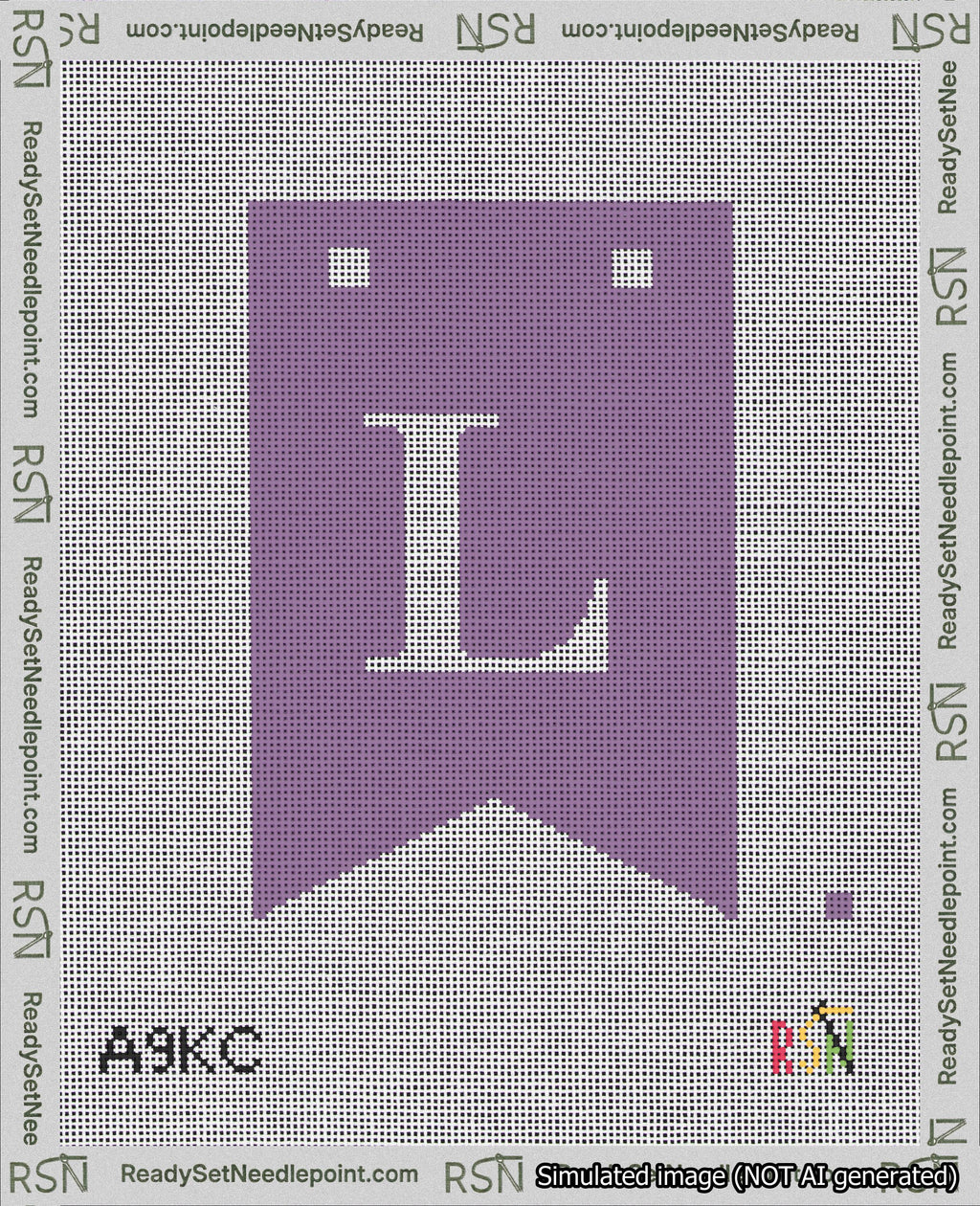A taped needlepoint canvas with the design: Banner 18 mesh count Forked L White on Purple.