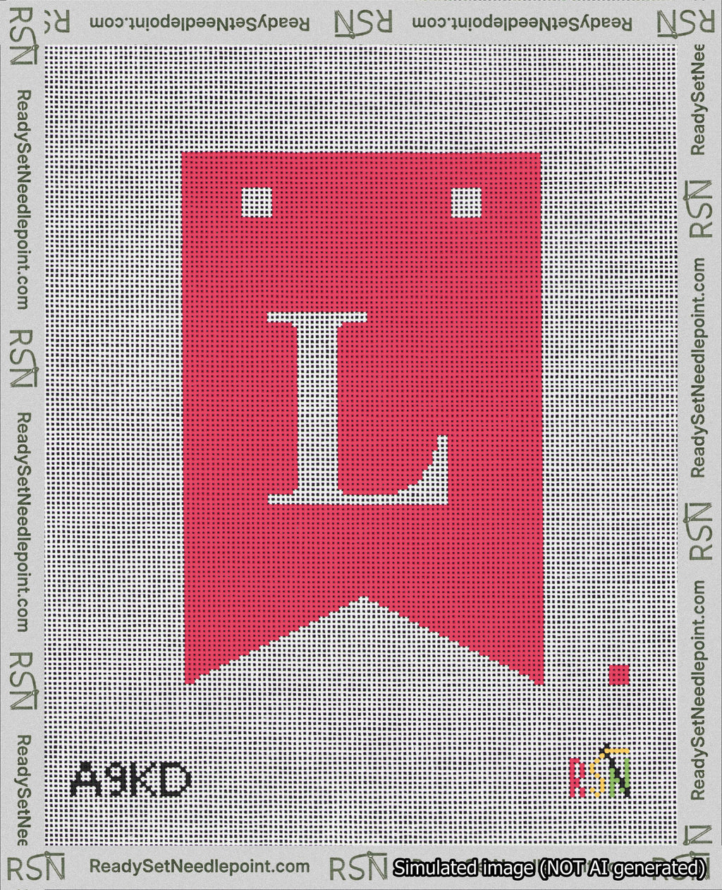 A taped needlepoint canvas with the design: Banner 18 mesh count Forked L White on Red.