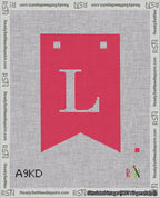 A taped needlepoint canvas with the design: Banner 18 mesh count Forked L White on Red.