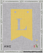 A taped needlepoint canvas with the design: Banner 18 mesh count Forked L White on Yellow.