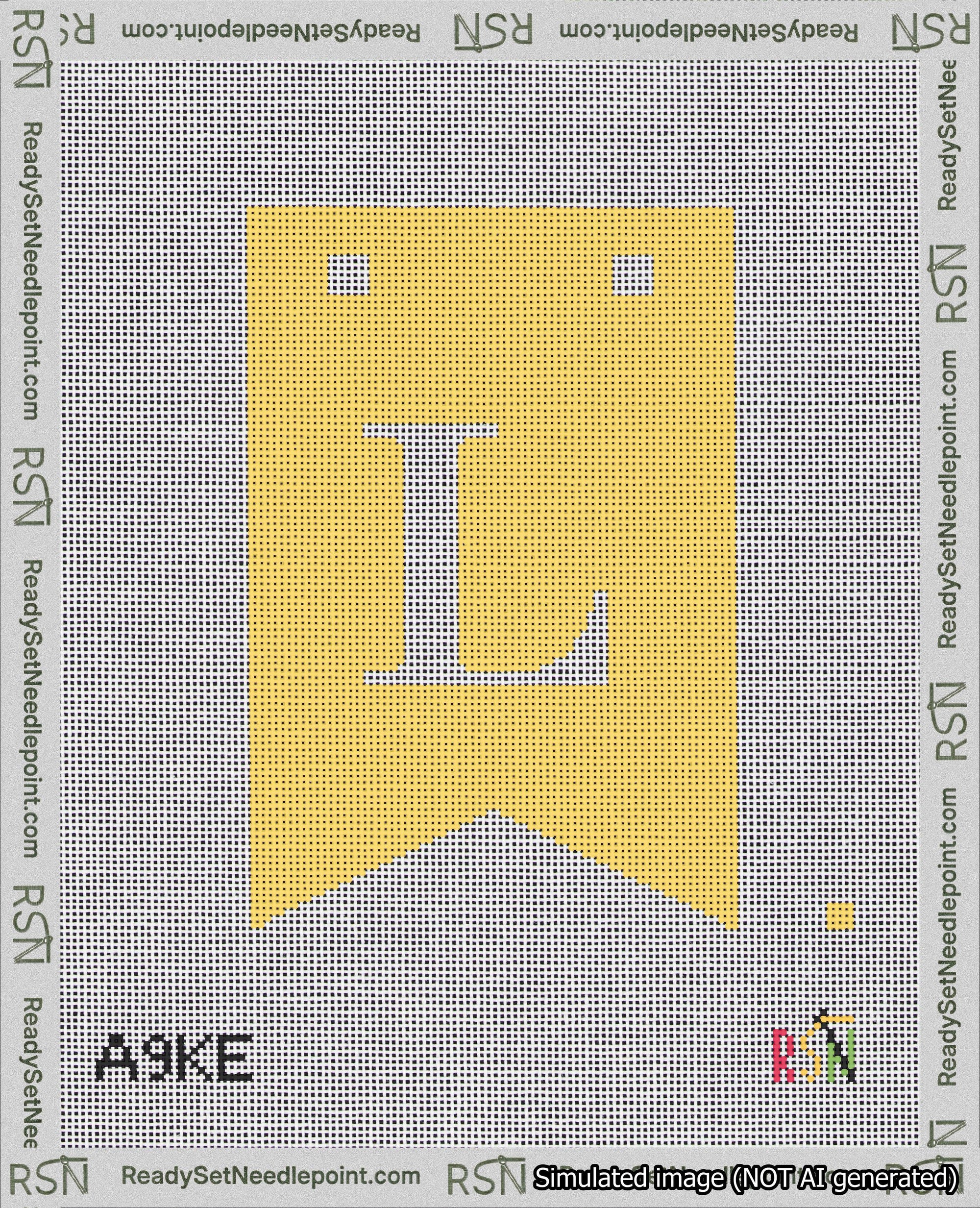 A taped needlepoint canvas with the design: Banner 18 mesh count Forked L White on Yellow.