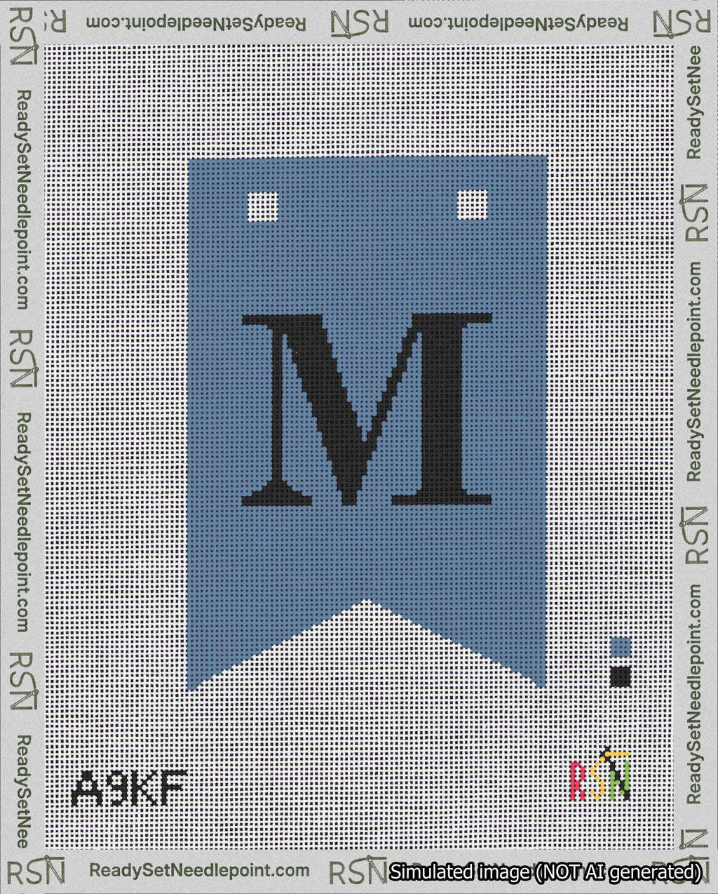 A taped needlepoint canvas with the design: Banner 18 mesh count Forked M Black on Blue.
