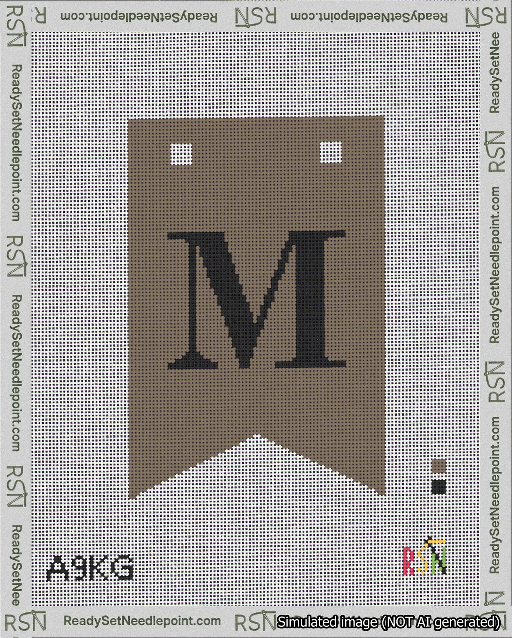 A taped needlepoint canvas with the design: Banner 18 mesh count Forked M Black on Brown.