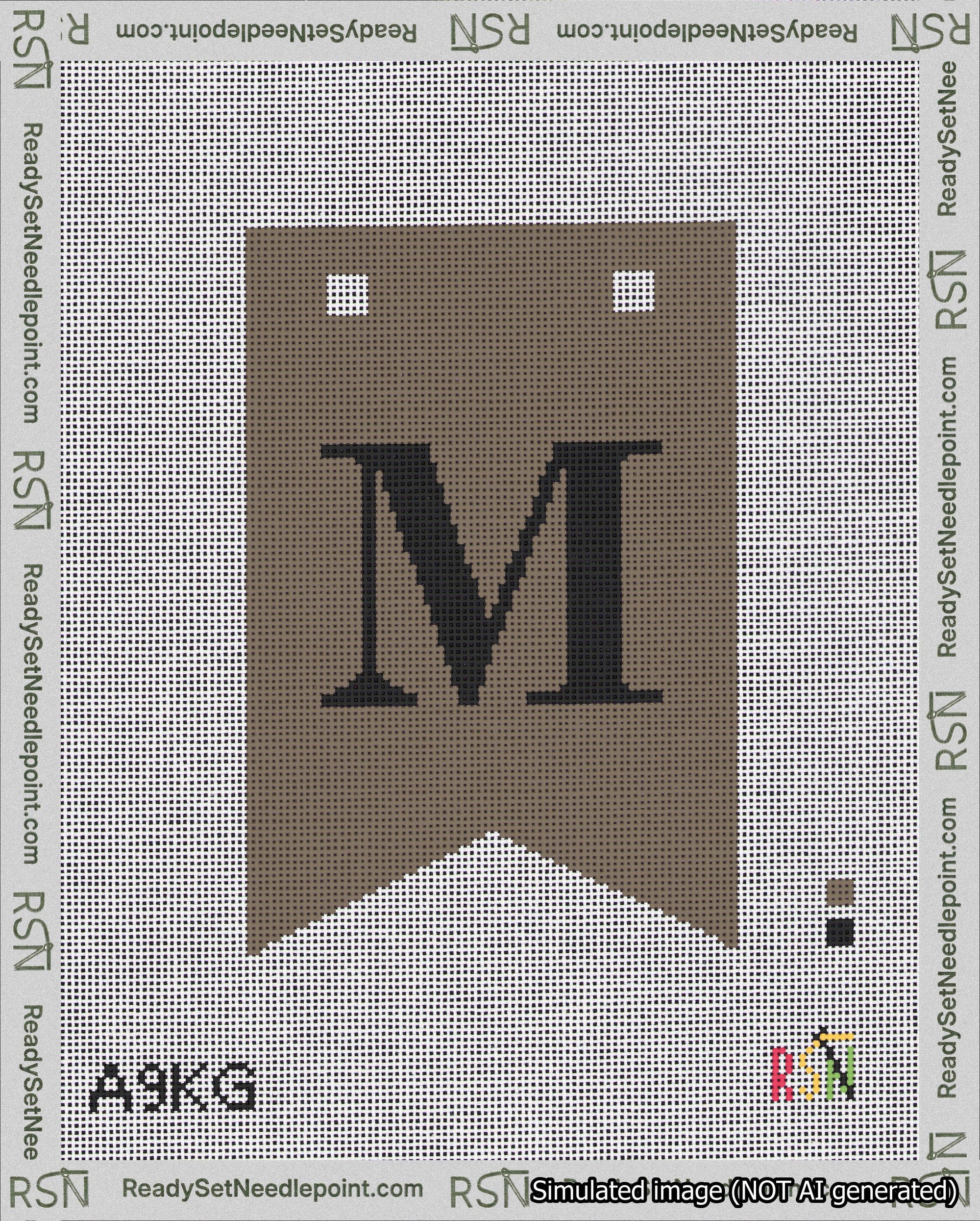 A taped needlepoint canvas with the design: Banner 18 mesh count Forked M Black on Brown.