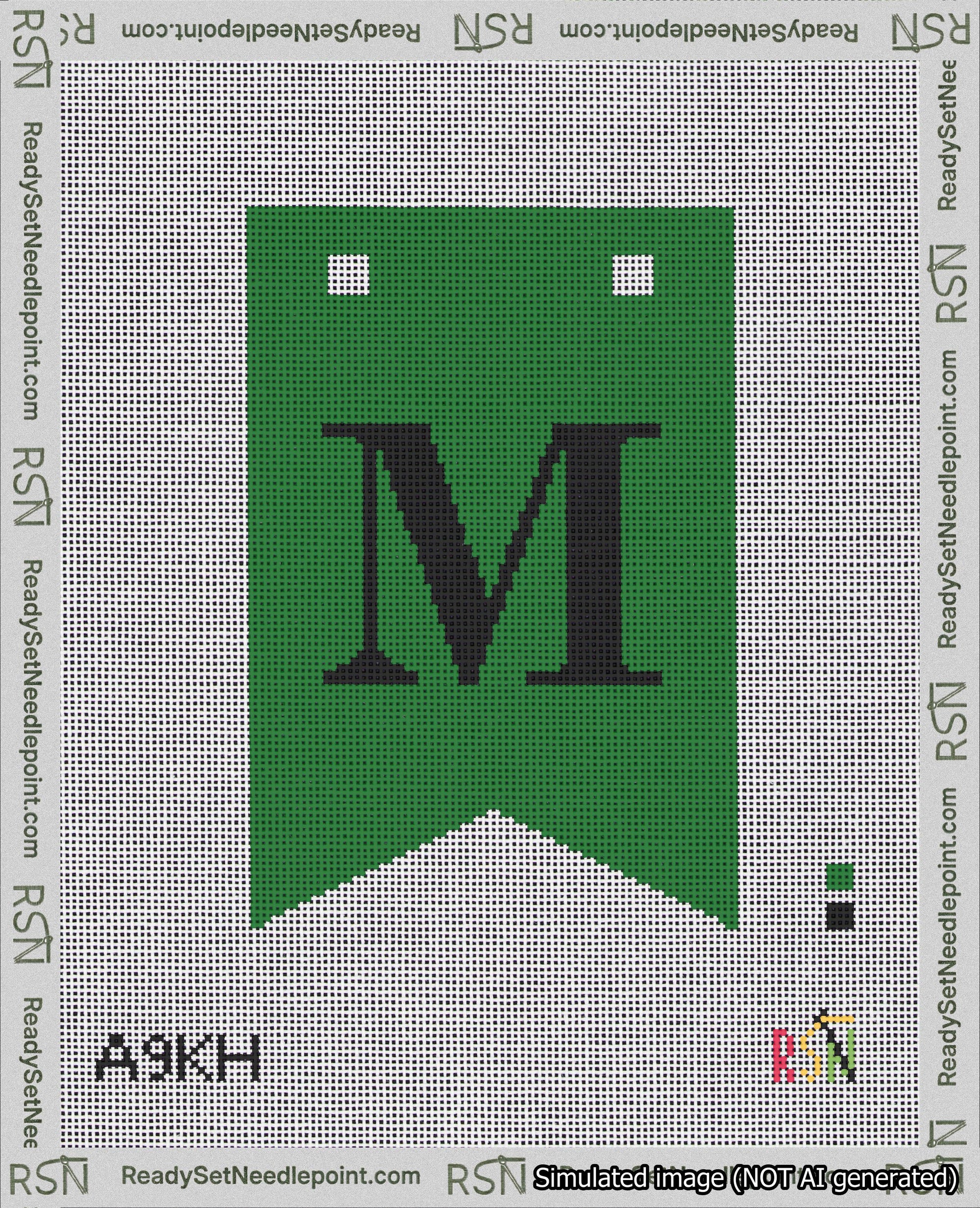 A taped needlepoint canvas with the design: Banner 18 mesh count Forked M Black on Green.