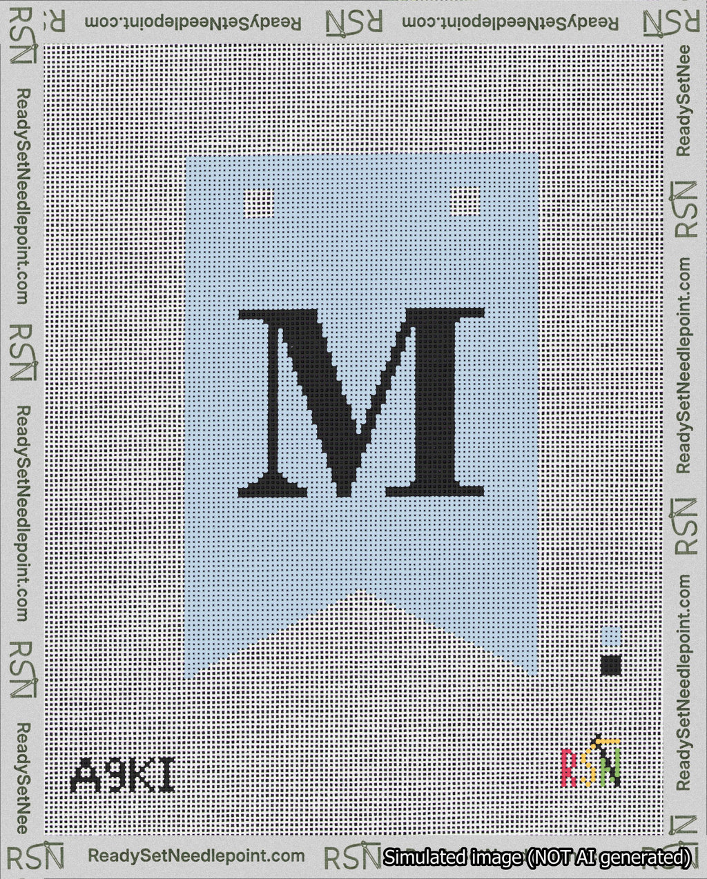 A taped needlepoint canvas with the design: Banner 18 mesh count Forked M Black on Light Blue.