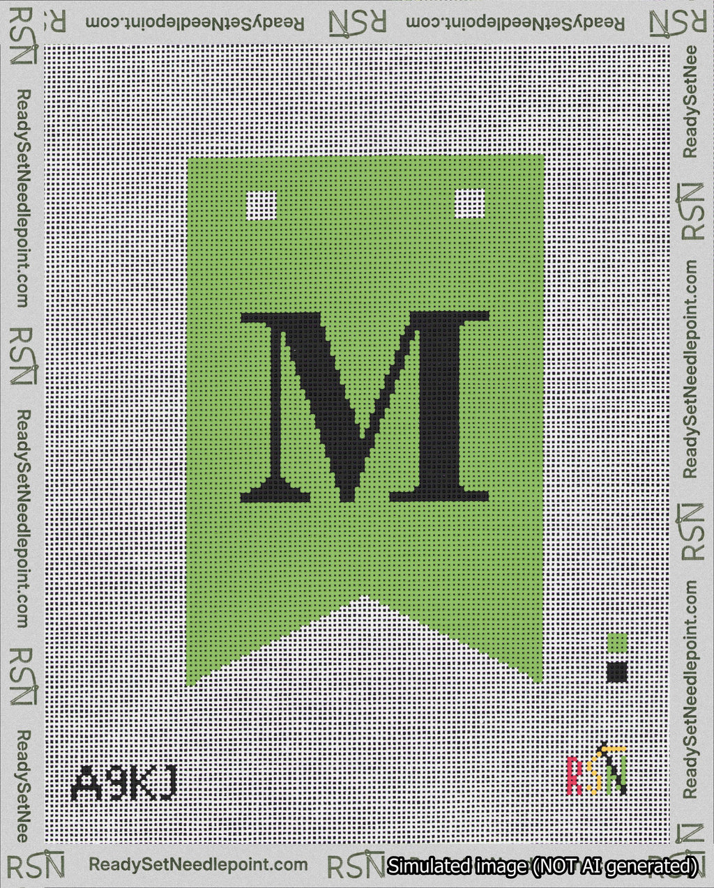 A taped needlepoint canvas with the design: Banner 18 mesh count Forked M Black on Light Green.