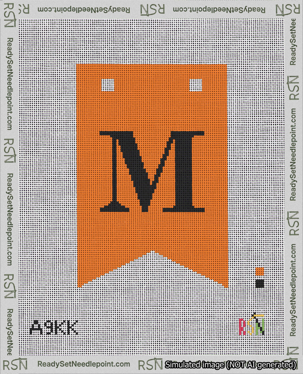 A taped needlepoint canvas with the design: Banner 18 mesh count Forked M Black on Orange.