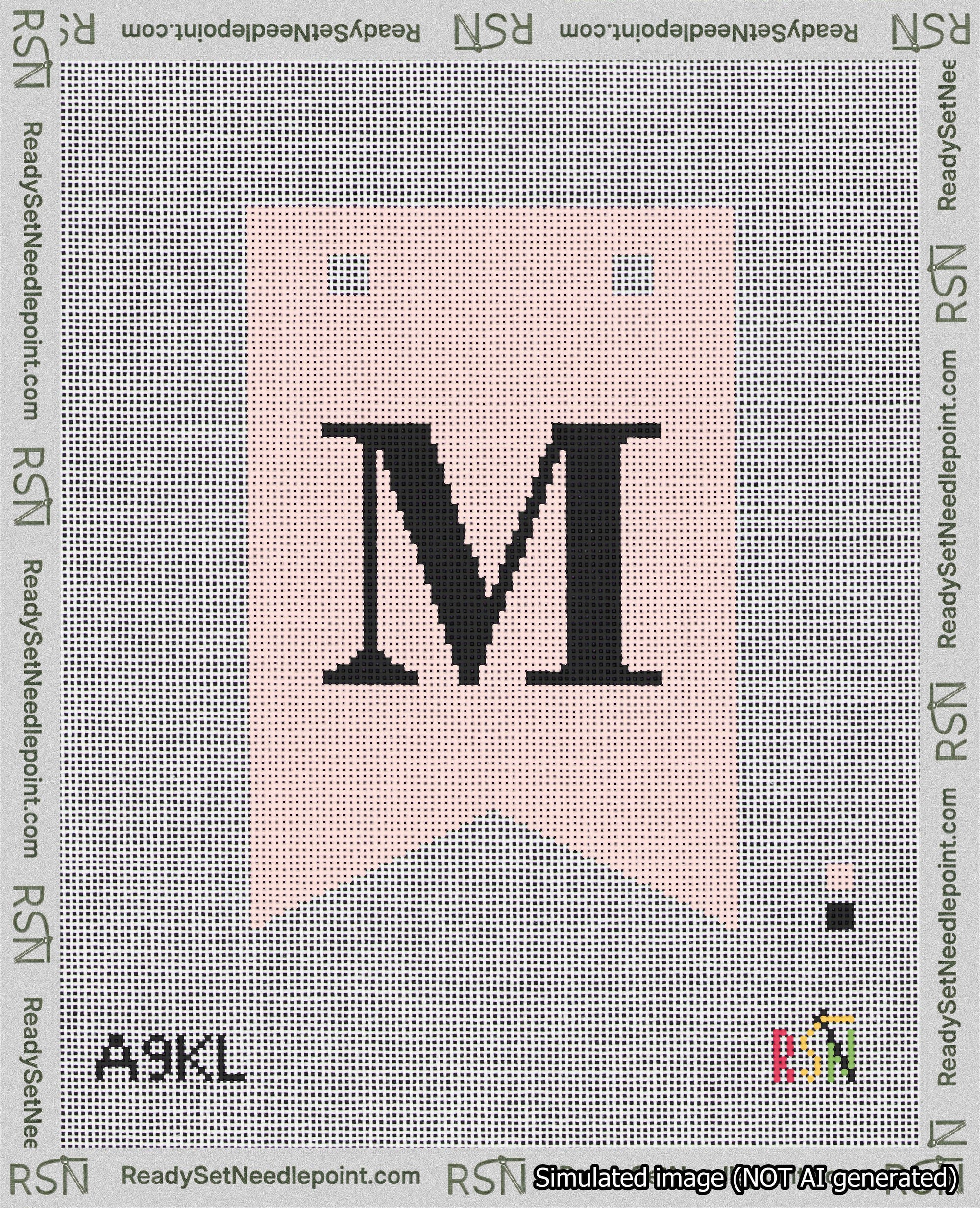 A taped needlepoint canvas with the design: Banner 18 mesh count Forked M Black on Pink.