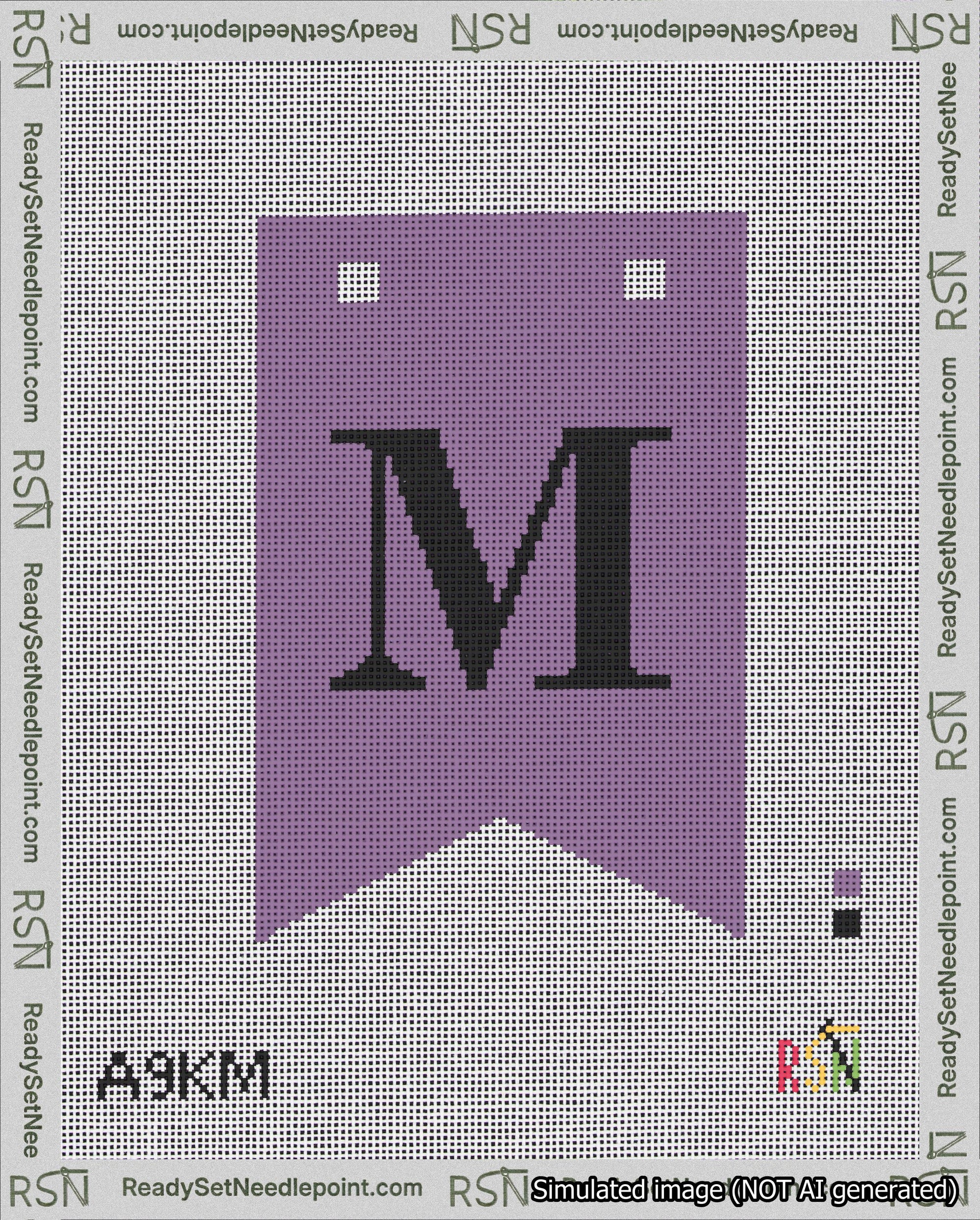 A taped needlepoint canvas with the design: Banner 18 mesh count Forked M Black on Purple.