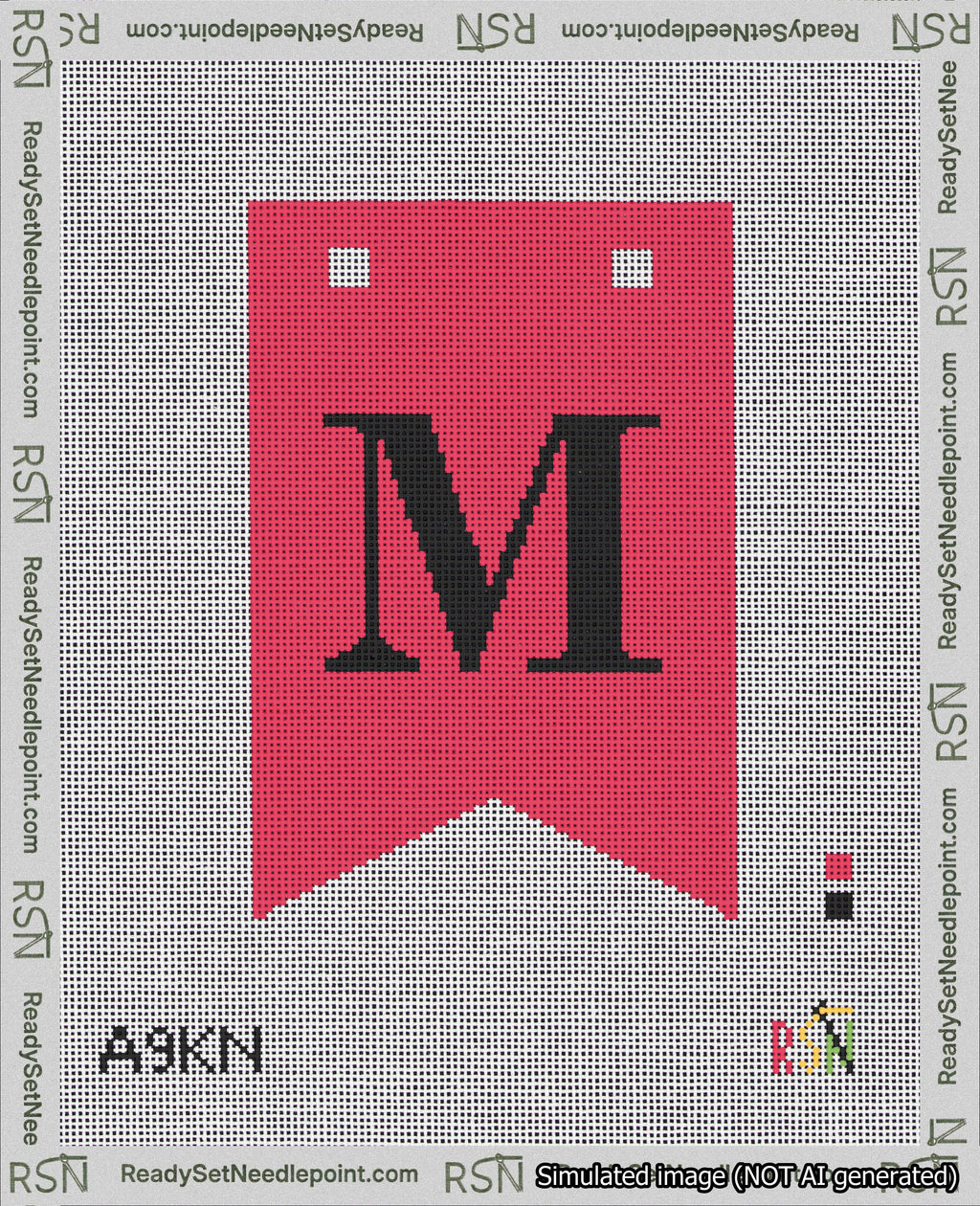 A taped needlepoint canvas with the design: Banner 18 mesh count Forked M Black on Red.