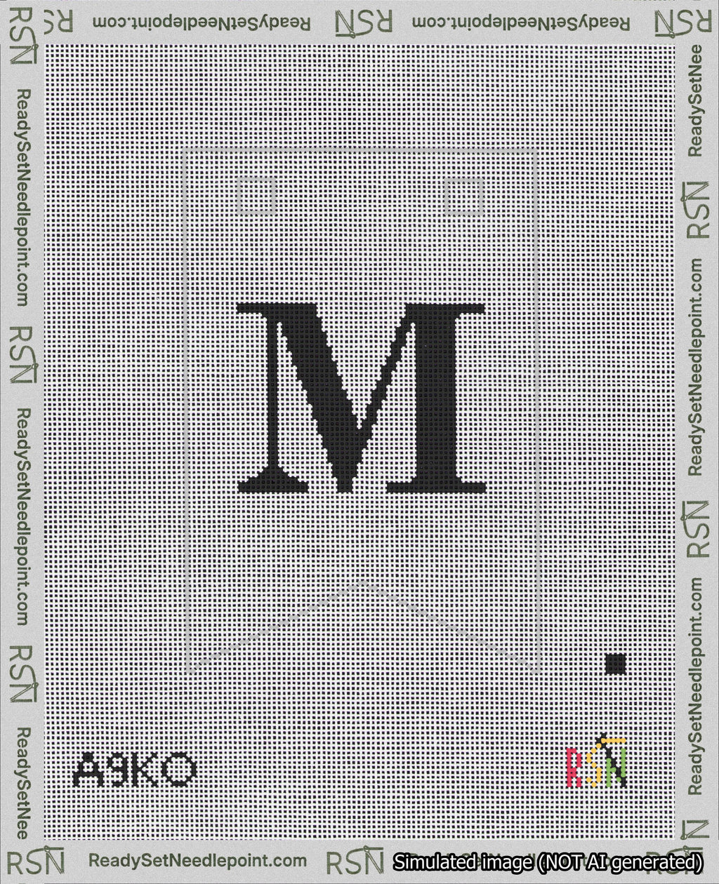 A taped needlepoint canvas with the design: Banner 18 mesh count Forked M Black on White.