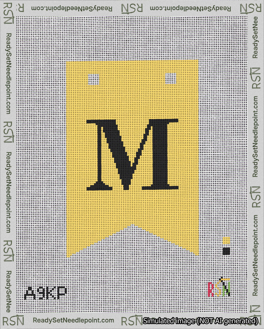 A taped needlepoint canvas with the design: Banner 18 mesh count Forked M Black on Yellow.