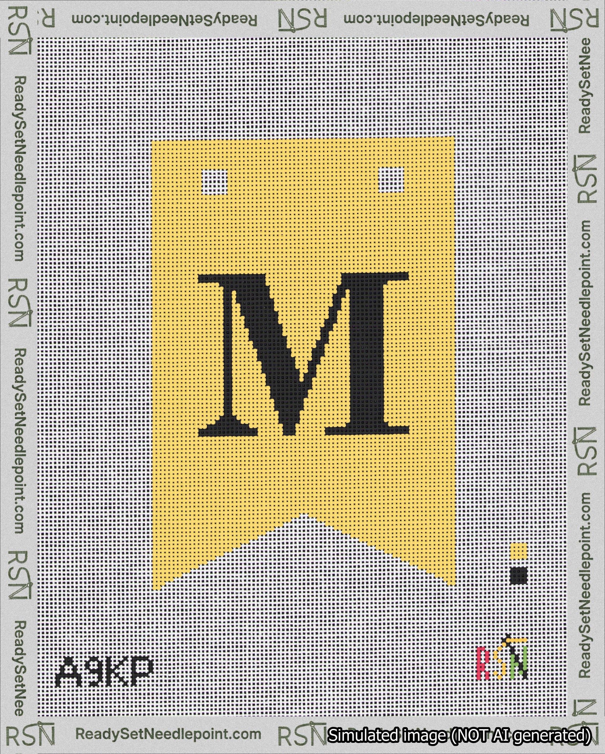 A taped needlepoint canvas with the design: Banner 18 mesh count Forked M Black on Yellow.