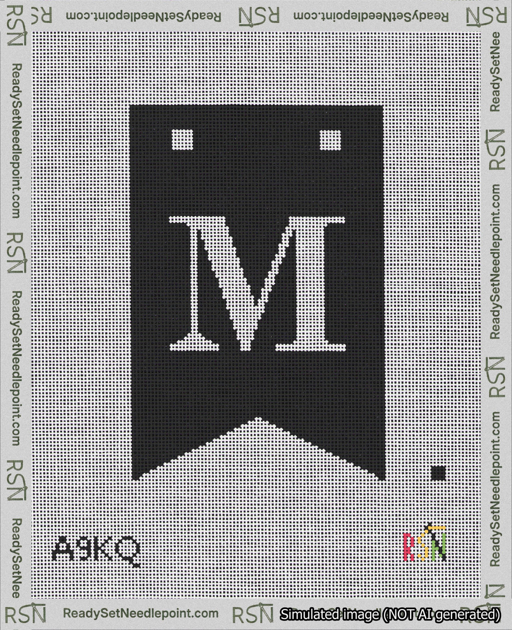 A taped needlepoint canvas with the design: Banner 18 mesh count Forked M White on Black.