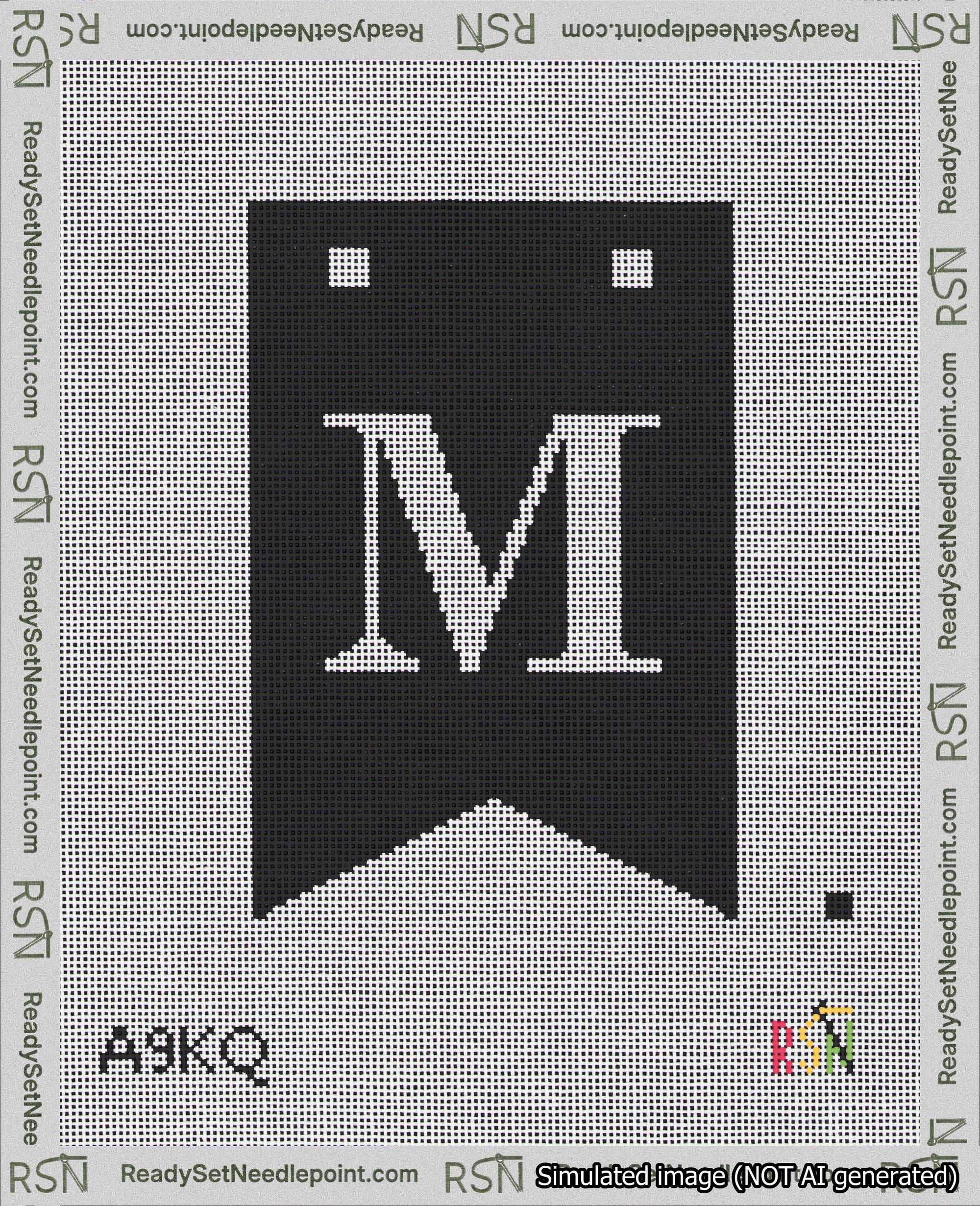 A taped needlepoint canvas with the design: Banner 18 mesh count Forked M White on Black.