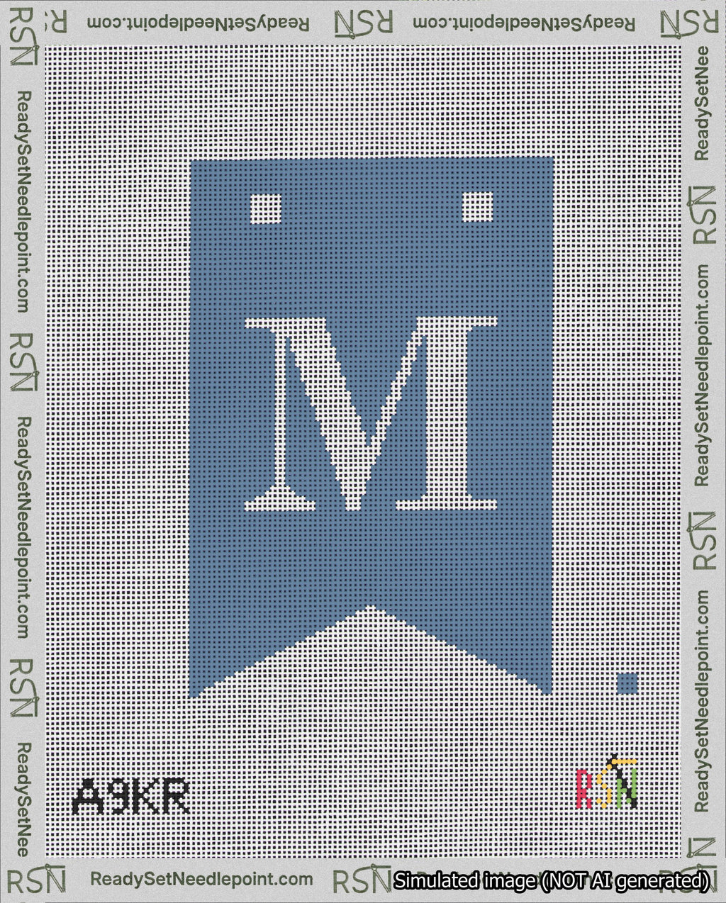 A taped needlepoint canvas with the design: Banner 18 mesh count Forked M White on Blue.