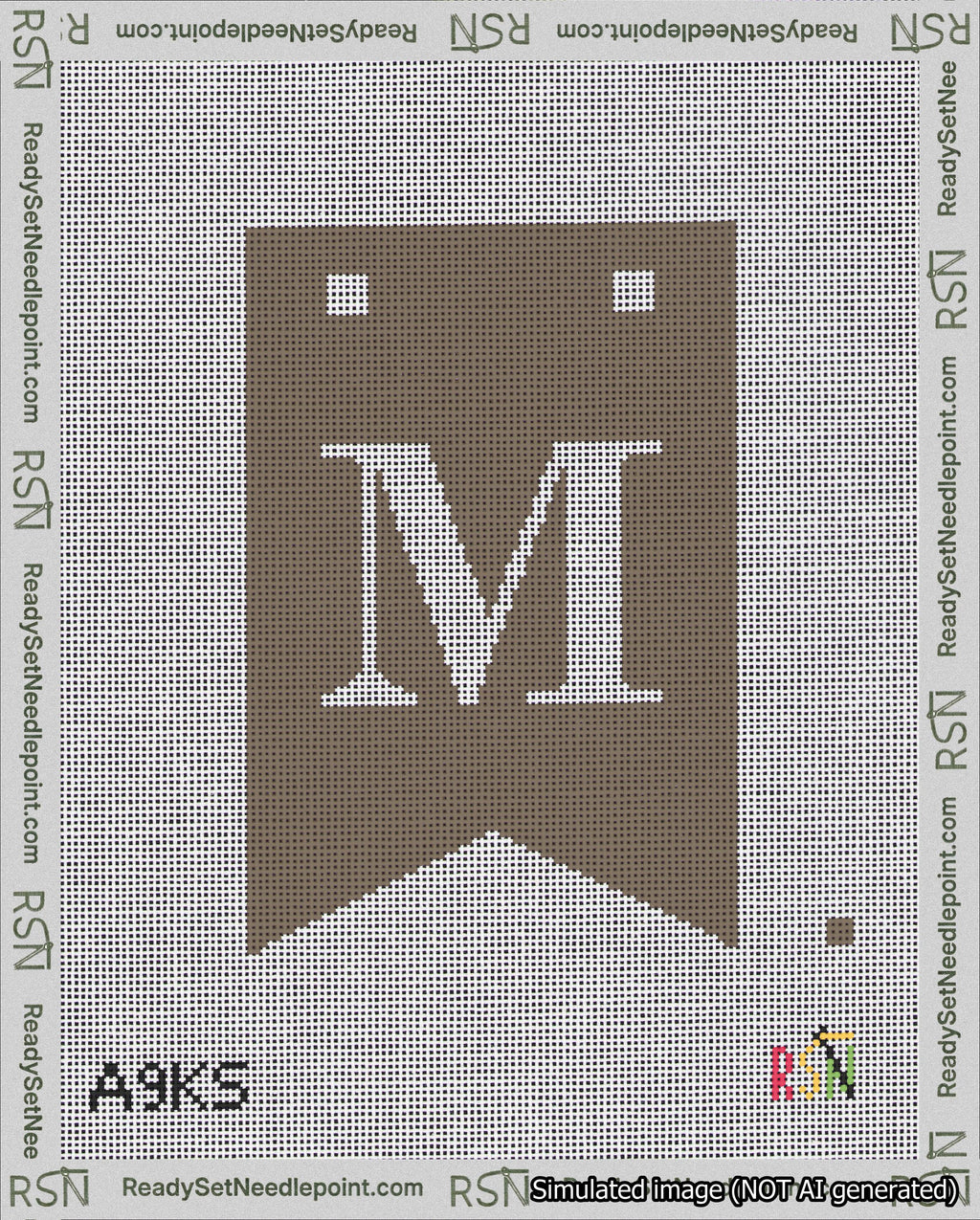 A taped needlepoint canvas with the design: Banner 18 mesh count Forked M White on Brown.