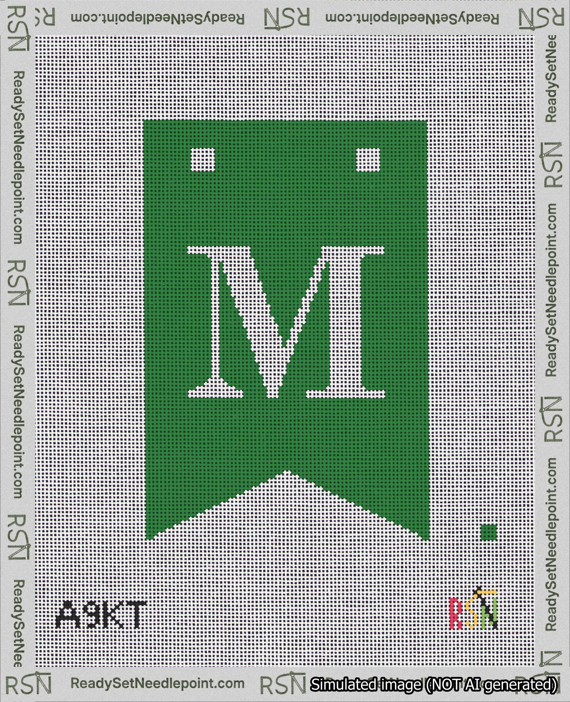 A taped needlepoint canvas with the design: Banner 18 mesh count Forked M White on Green.