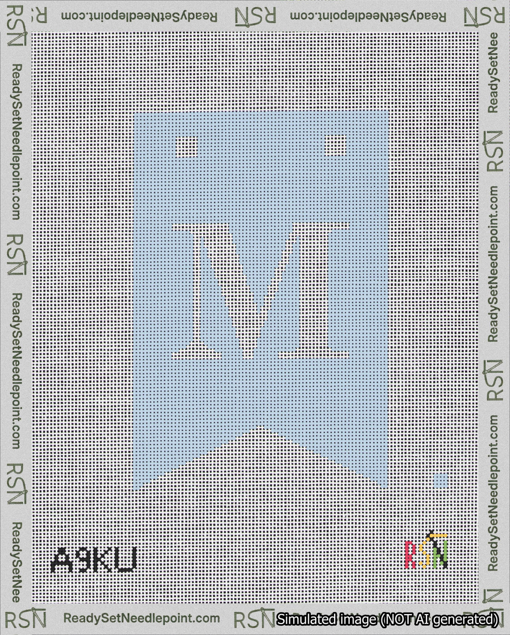 A taped needlepoint canvas with the design: Banner 18 mesh count Forked M White on Light Blue.