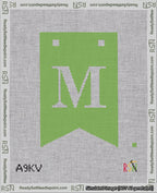 A taped needlepoint canvas with the design: Banner 18 mesh count Forked M White on Light Green.