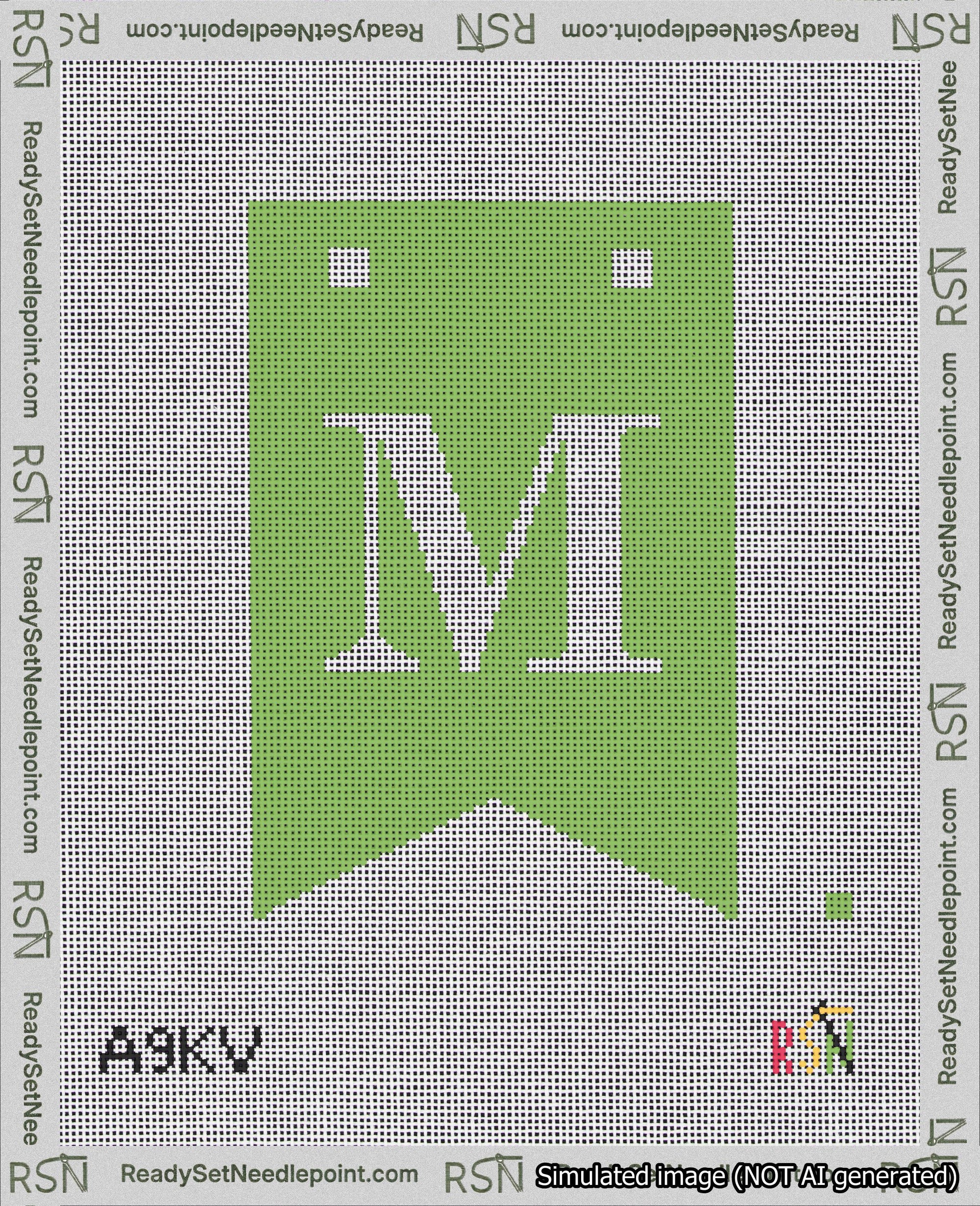 A taped needlepoint canvas with the design: Banner 18 mesh count Forked M White on Light Green.