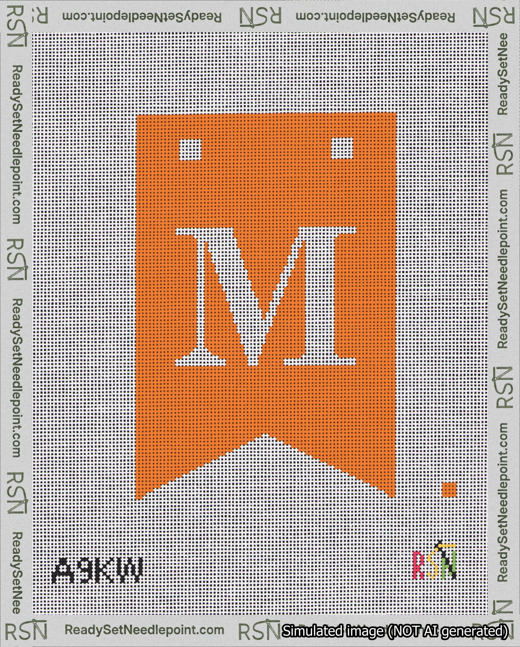 A taped needlepoint canvas with the design: Banner 18 mesh count Forked M White on Orange.