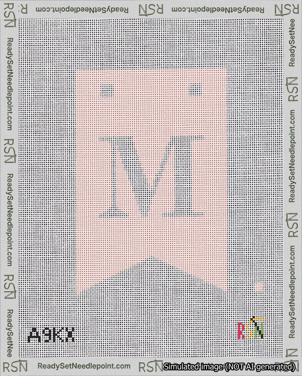 A taped needlepoint canvas with the design: Banner 18 mesh count Forked M White on Pink.
