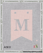 A taped needlepoint canvas with the design: Banner 18 mesh count Forked M White on Pink.