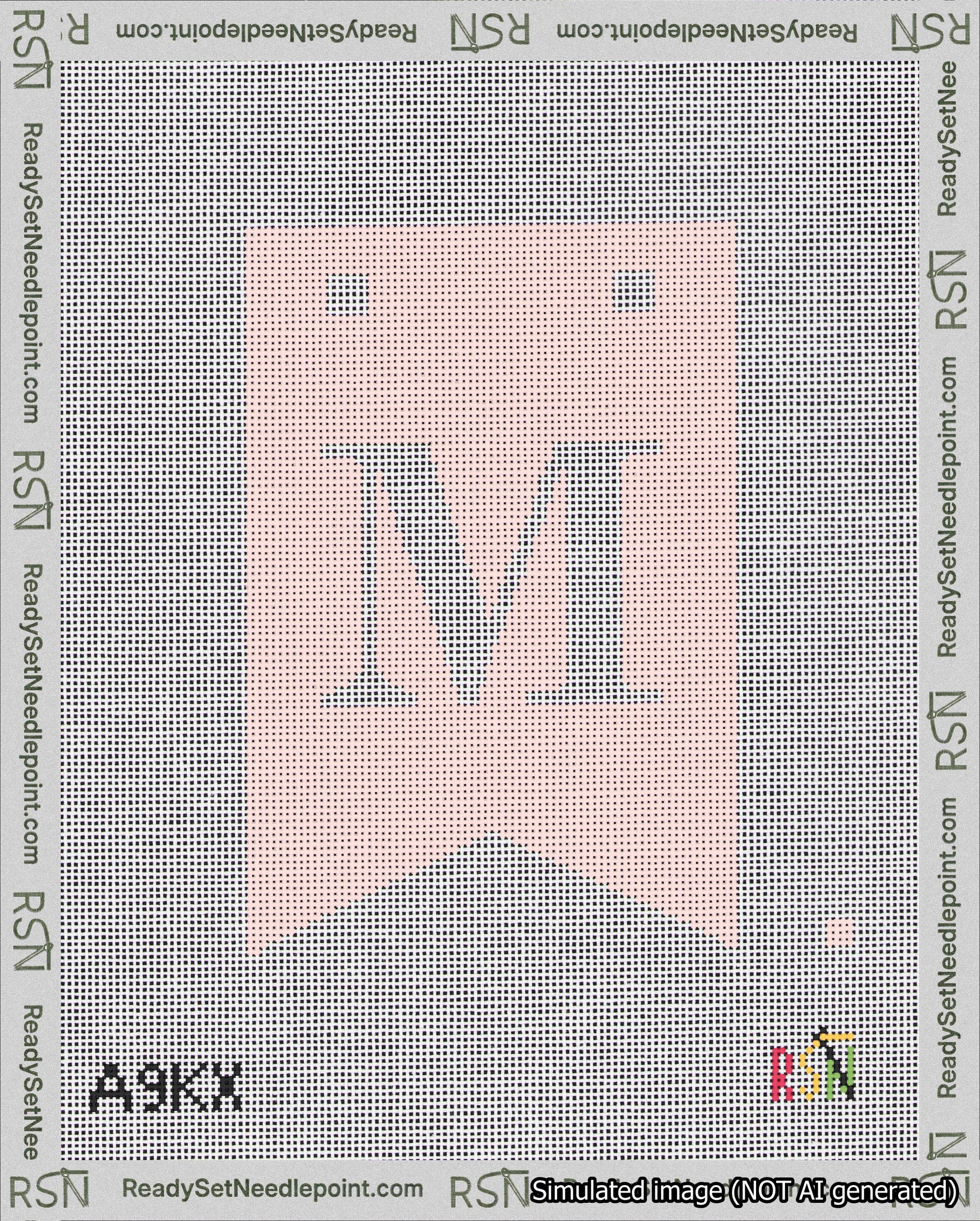 A taped needlepoint canvas with the design: Banner 18 mesh count Forked M White on Pink.