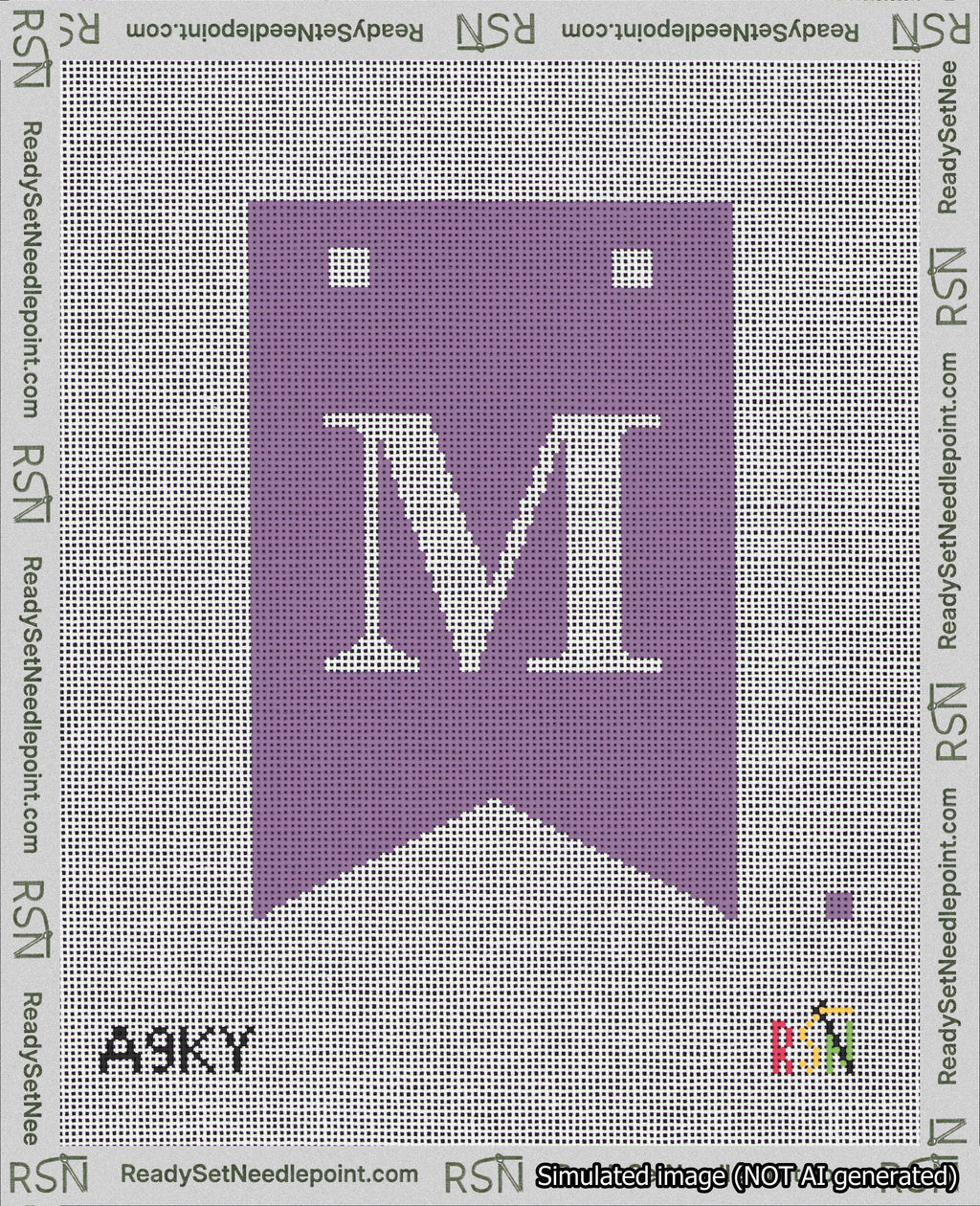 A taped needlepoint canvas with the design: Banner 18 mesh count Forked M White on Purple.