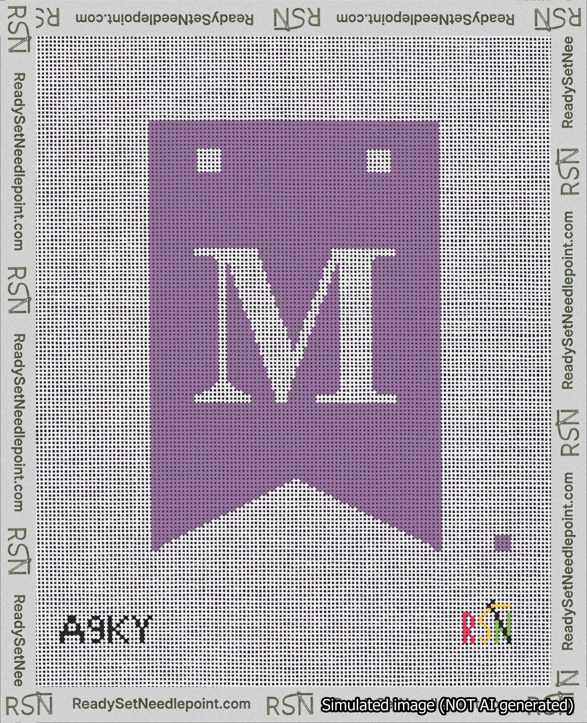 A taped needlepoint canvas with the design: Banner 18 mesh count Forked M White on Purple.