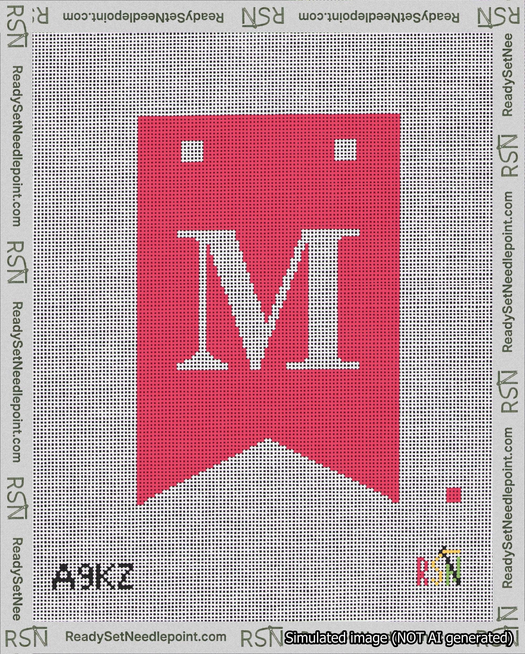 A taped needlepoint canvas with the design: Banner 18 mesh count Forked M White on Red.