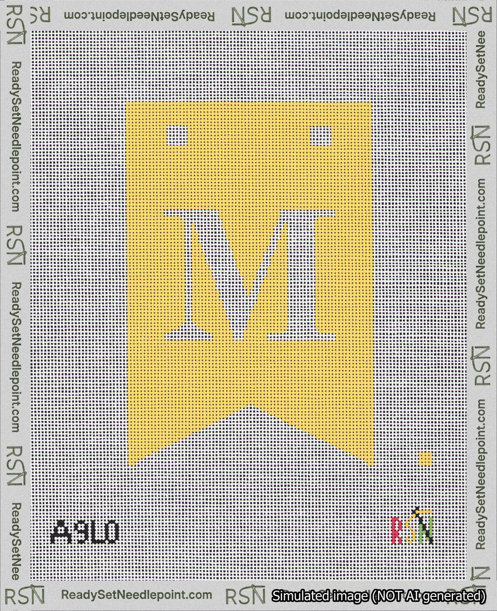 A taped needlepoint canvas with the design: Banner 18 mesh count Forked M White on Yellow.