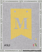 A taped needlepoint canvas with the design: Banner 18 mesh count Forked M White on Yellow.