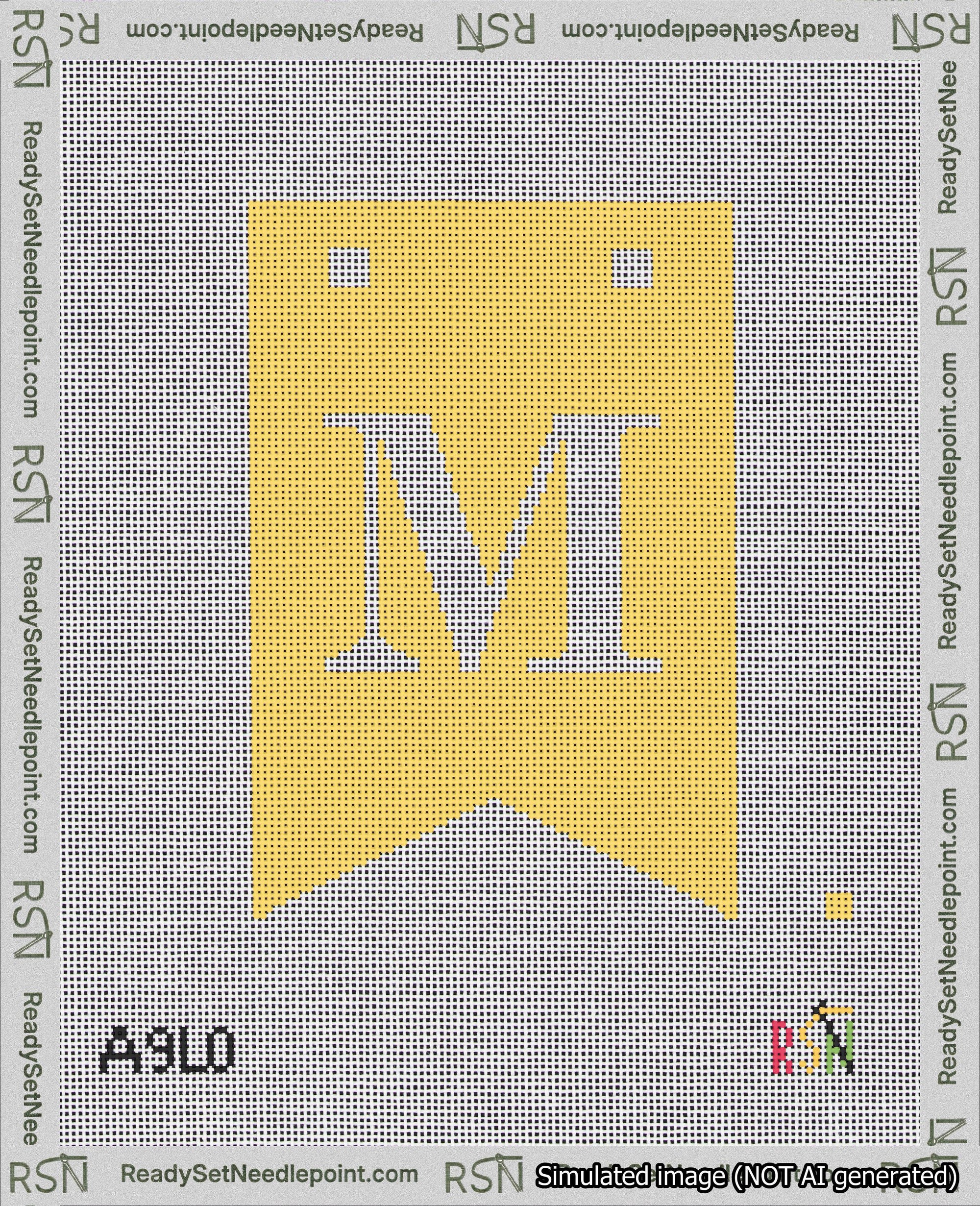 A taped needlepoint canvas with the design: Banner 18 mesh count Forked M White on Yellow.