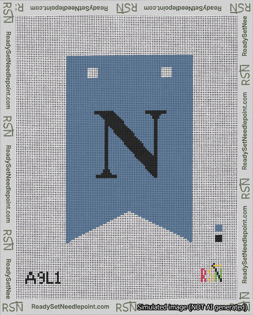 A taped needlepoint canvas with the design: Banner 18 mesh count Forked N Black on Blue.
