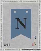 A taped needlepoint canvas with the design: Banner 18 mesh count Forked N Black on Blue.