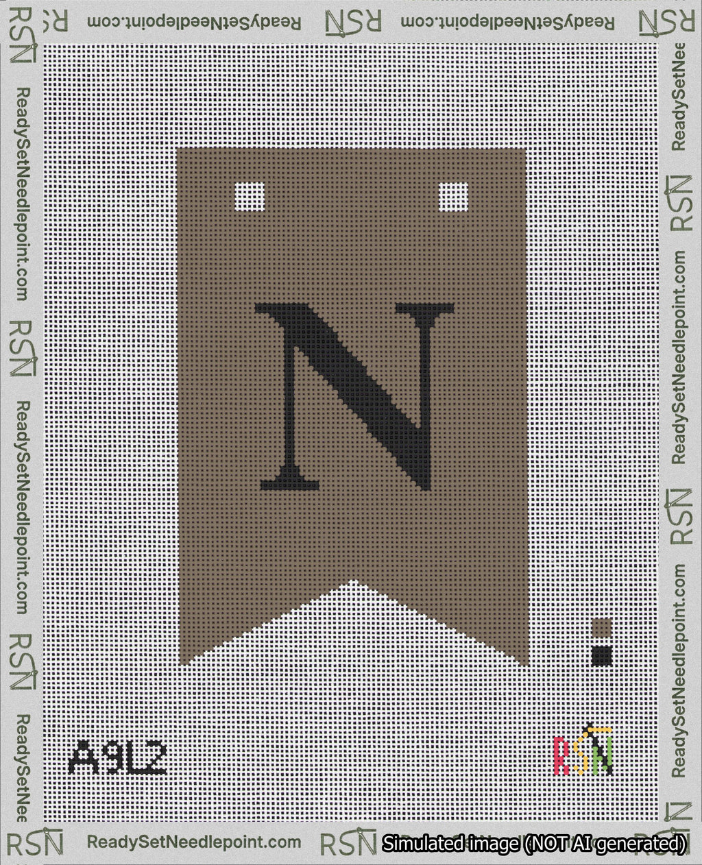 A taped needlepoint canvas with the design: Banner 18 mesh count Forked N Black on Brown.