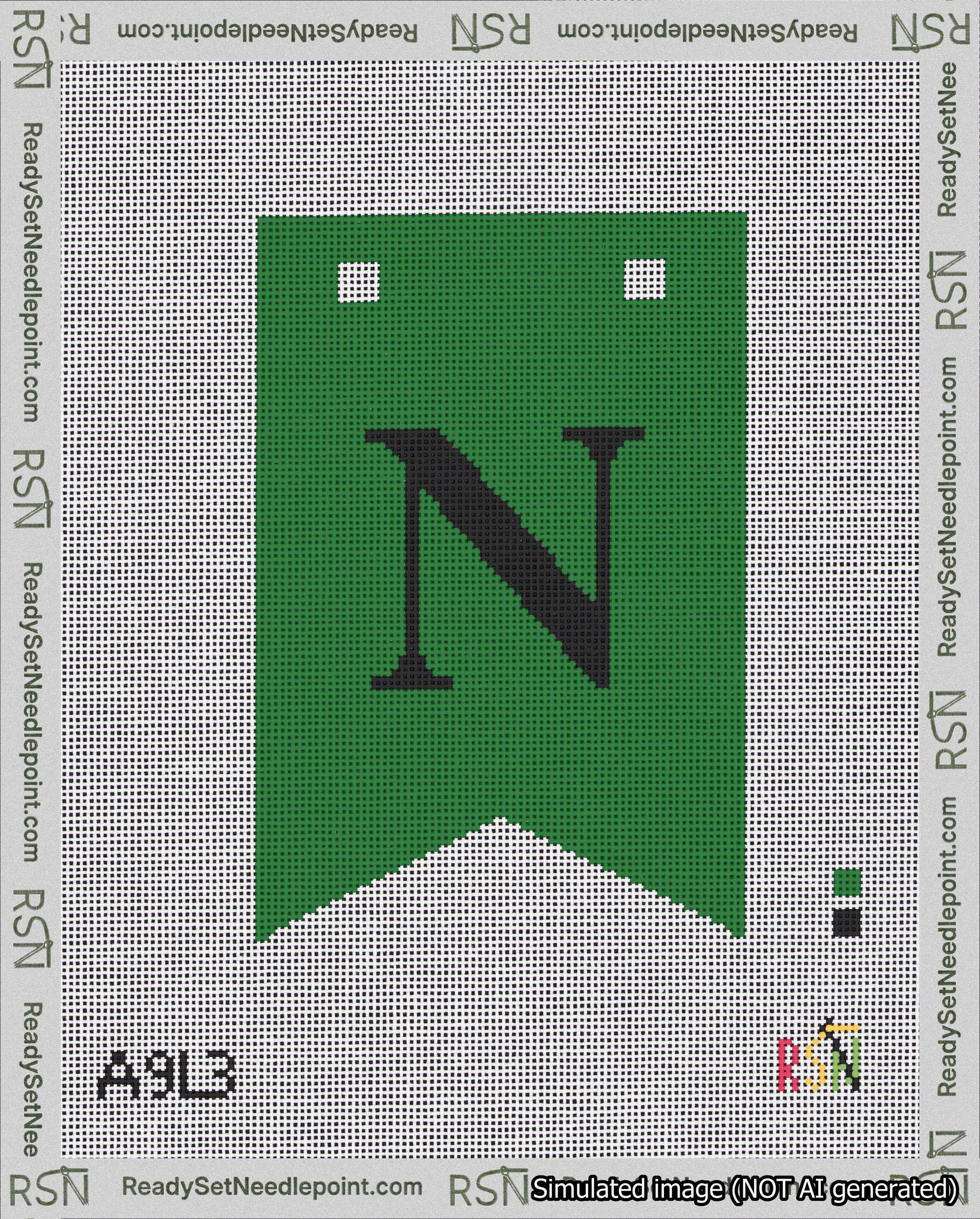 A taped needlepoint canvas with the design: Banner 18 mesh count Forked N Black on Green.