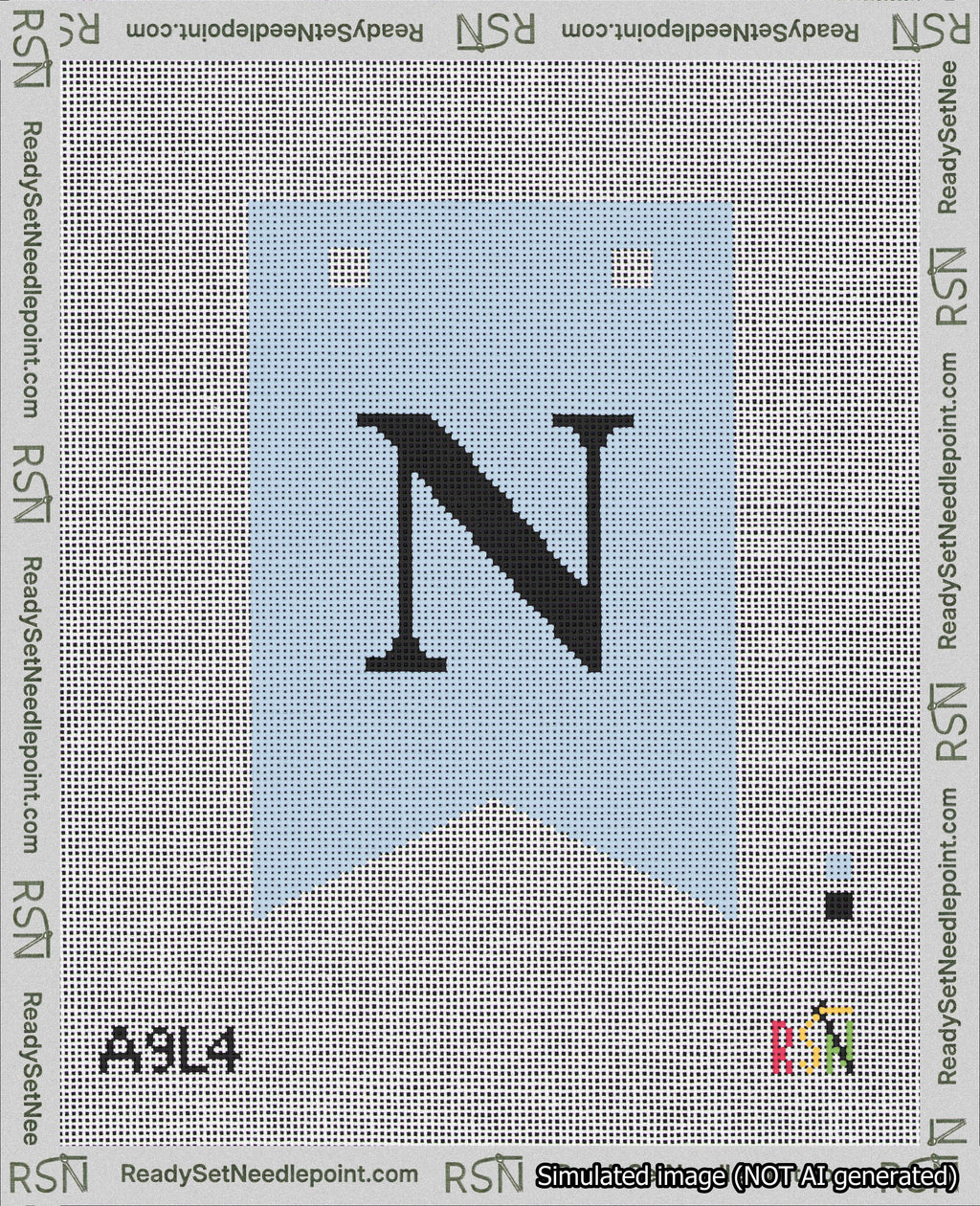 A taped needlepoint canvas with the design: Banner 18 mesh count Forked N Black on Light Blue.