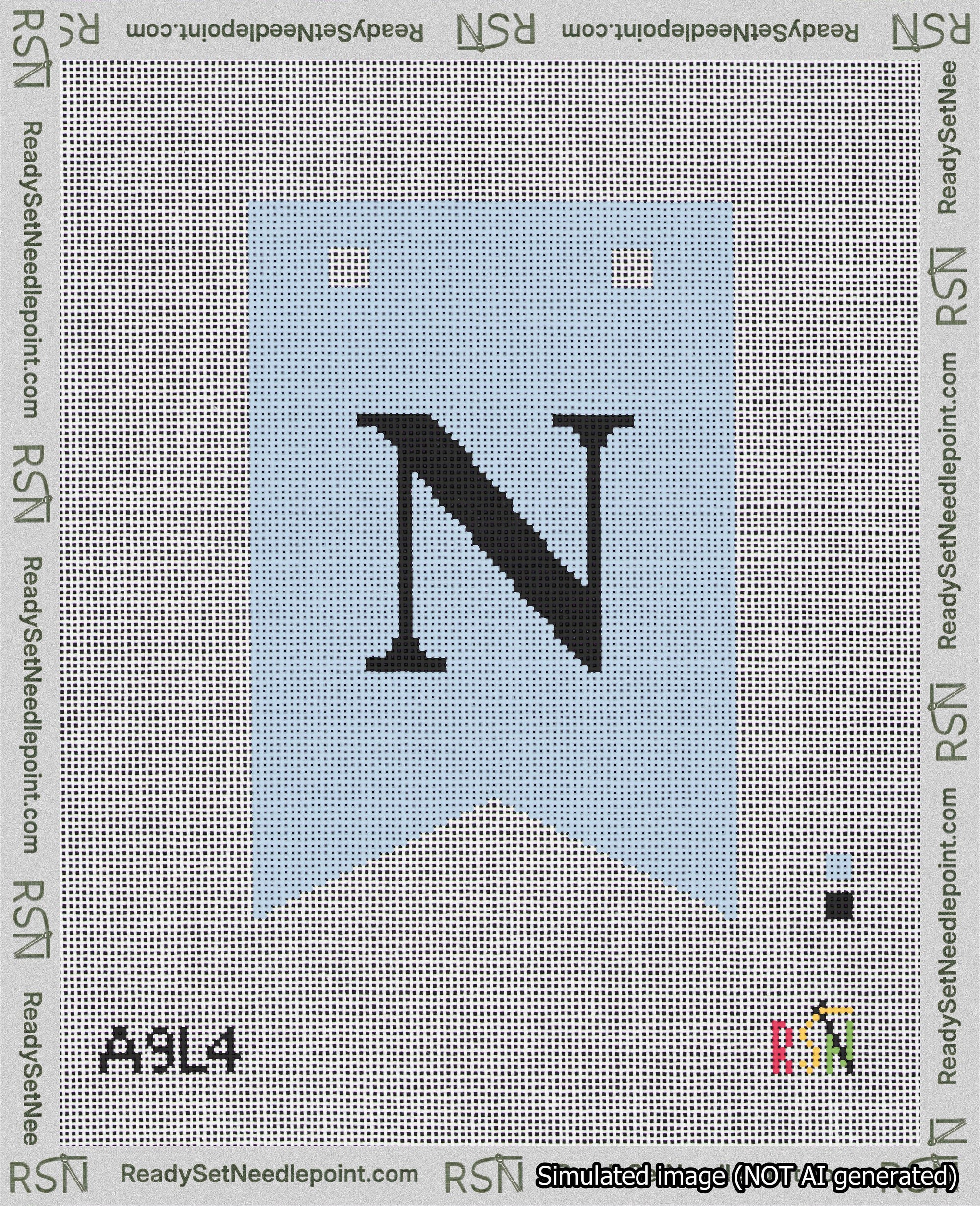A taped needlepoint canvas with the design: Banner 18 mesh count Forked N Black on Light Blue.