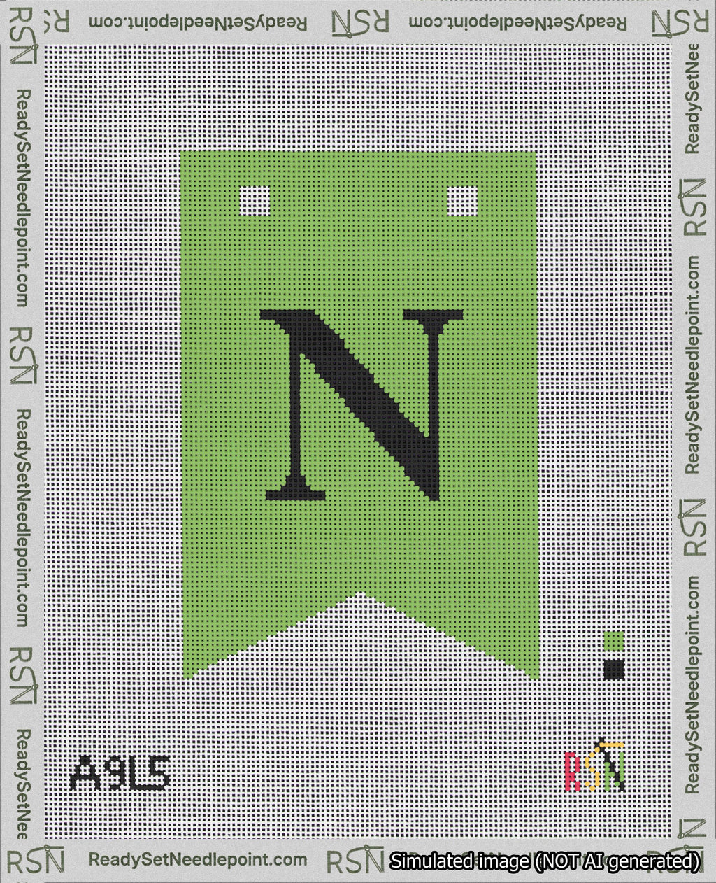 A taped needlepoint canvas with the design: Banner 18 mesh count Forked N Black on Light Green.