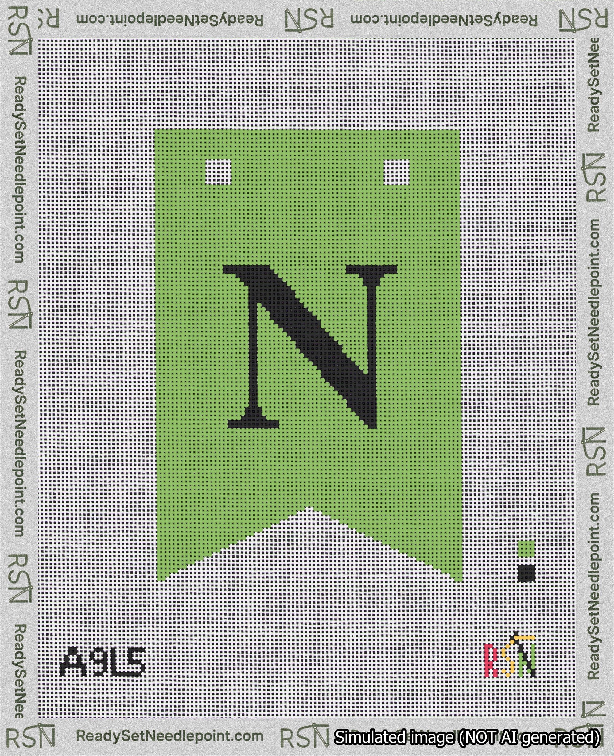 A taped needlepoint canvas with the design: Banner 18 mesh count Forked N Black on Light Green.